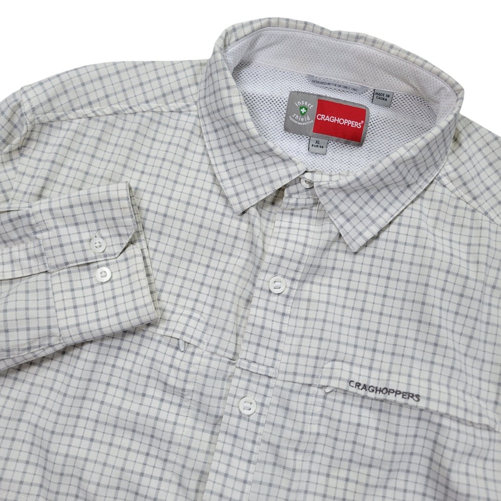 Craghoppers‎ Button Up Shirt Mens XL White Plaid Insect Shield Hiking Roll Tab